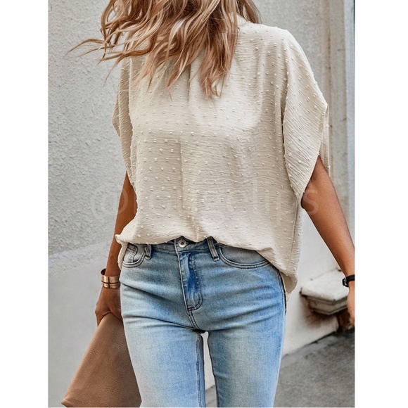 Swiss Dot Beige Blouse Top Flowy, High Neck, Ties - Picture 5 of 7